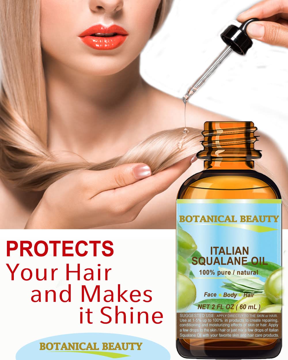 Botanical Beauty Squalane used on hair ends for shine and conditioning.