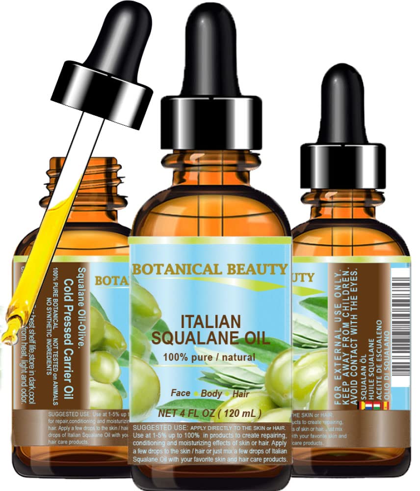 Botanical Beauty Squalane olive oil bottle showing lightweight hydration.