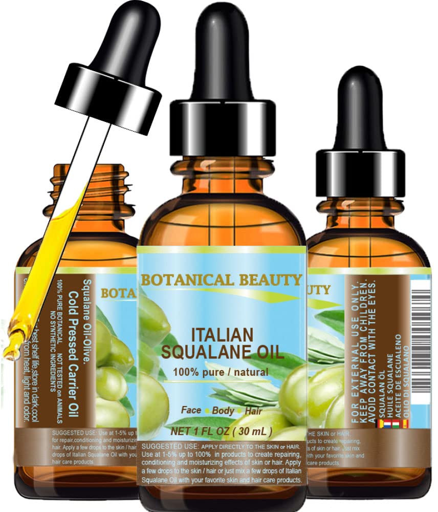 Botanical Beauty Squalane olive oil bottle, pure moisturizer for daily use.