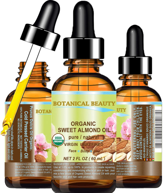 Botanical Beauty Sweet Almond Oil bottle promoting skin benefits