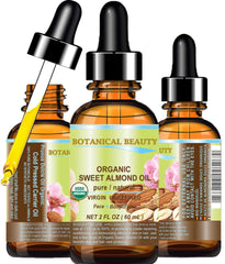 Botanical Beauty Sweet Almond Oil bottle promoting skin benefits
