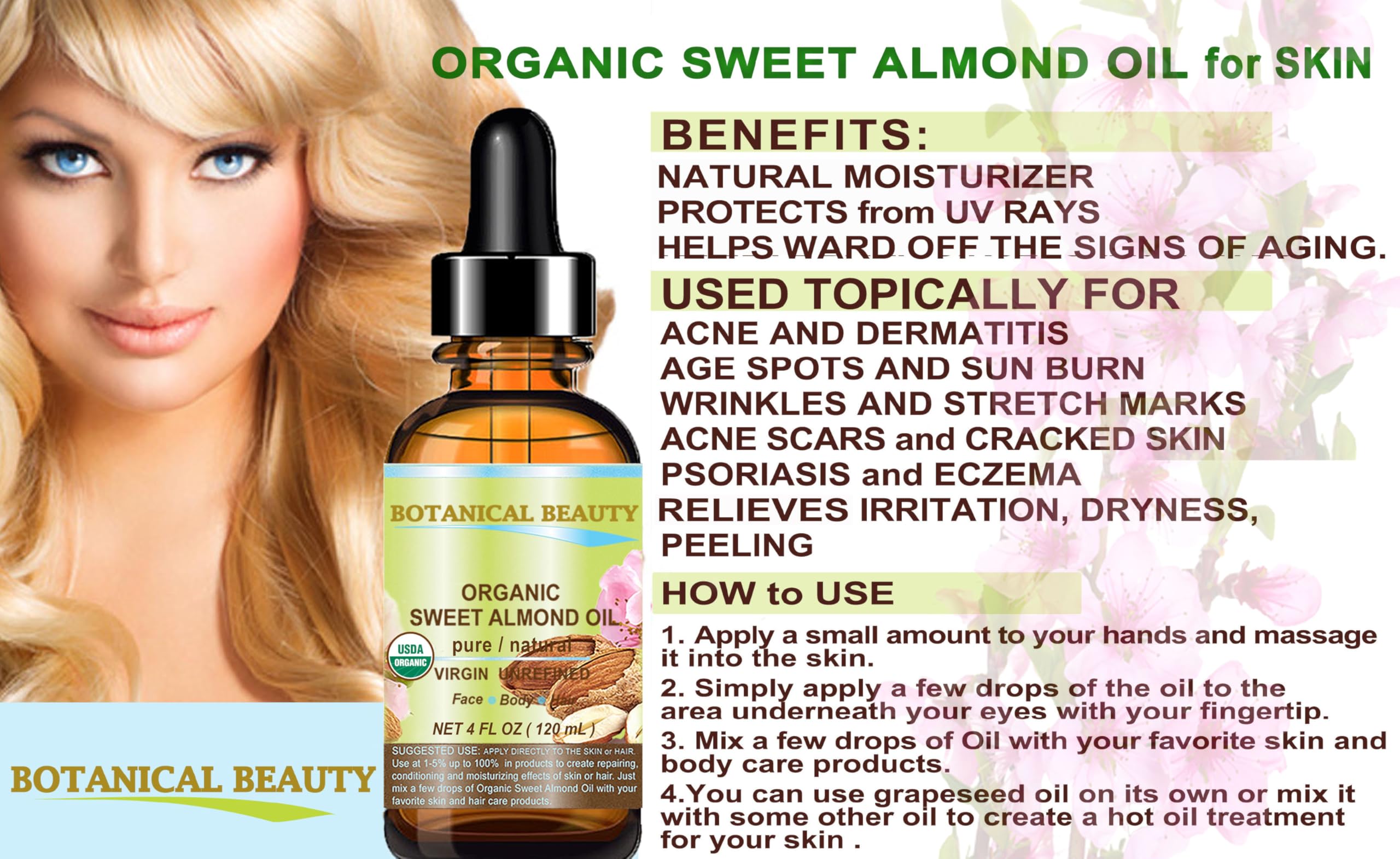 Botanical Beauty Sweet Almond Oil used for hair care and shine