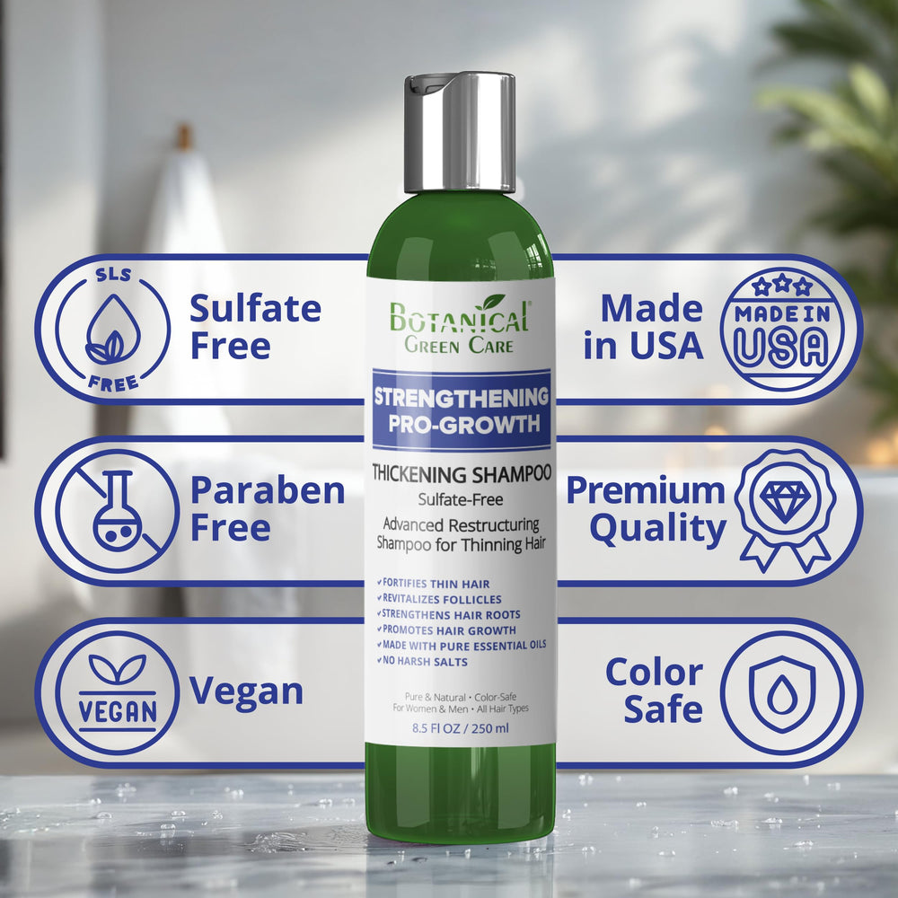 Botanical Green Care Pro-Growth Shampoo scene shows bottle on sink near shower.