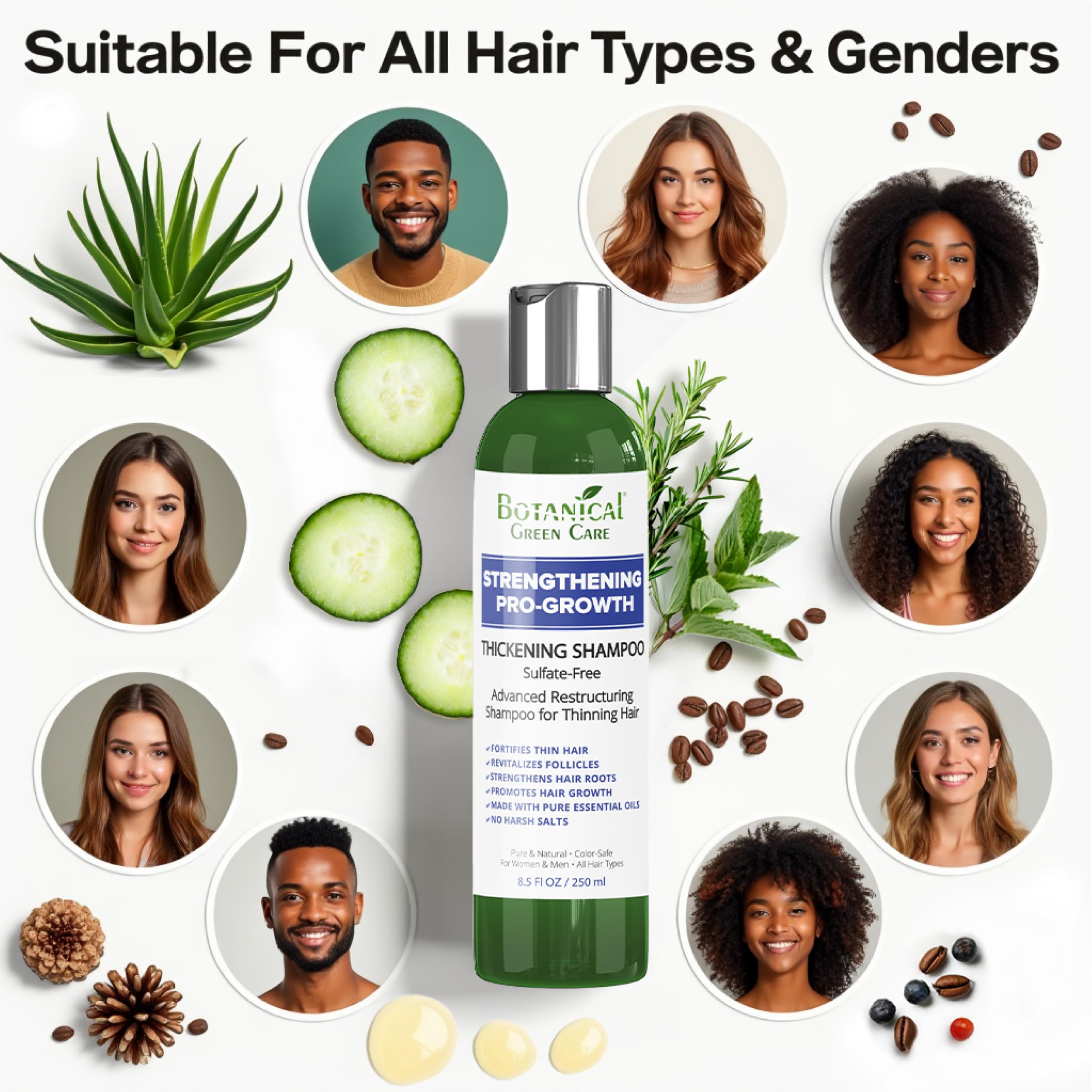 Botanical Green Care Pro-Growth Shampoo visibly adds thickness to hair.