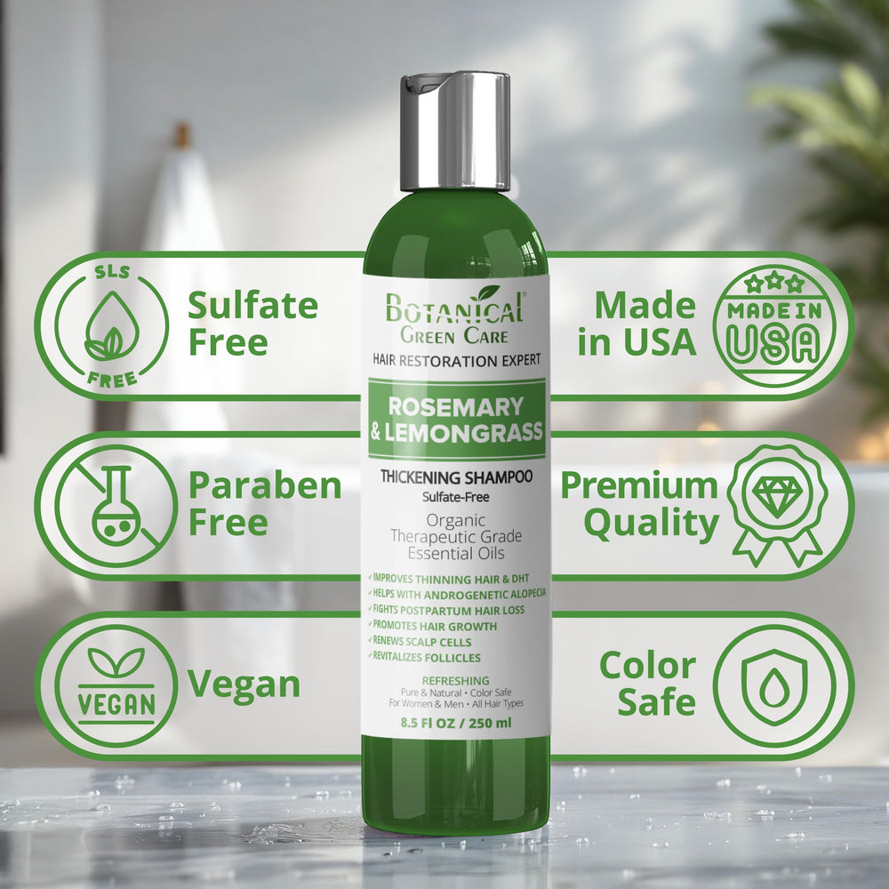Creamy lather from Botanical Green Care shampoo with rosemary and lemongrass.