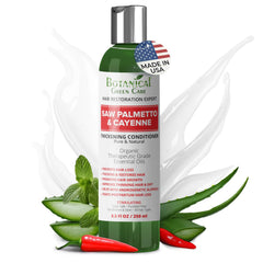 Botanical Green Care Saw Palmetto Cayenne conditioner bottle promotes fuller-looking hair.