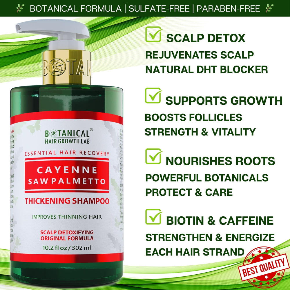 BOTANICAL HAIR GROWTH LAB label closeup highlighting natural ingredients for healthy scalp.