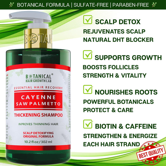 BOTANICAL HAIR GROWTH LAB label closeup highlighting natural ingredients for healthy scalp.