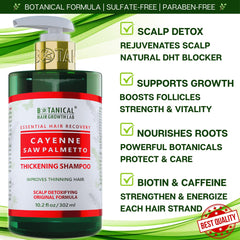 BOTANICAL HAIR GROWTH LAB label closeup highlighting natural ingredients for healthy scalp.