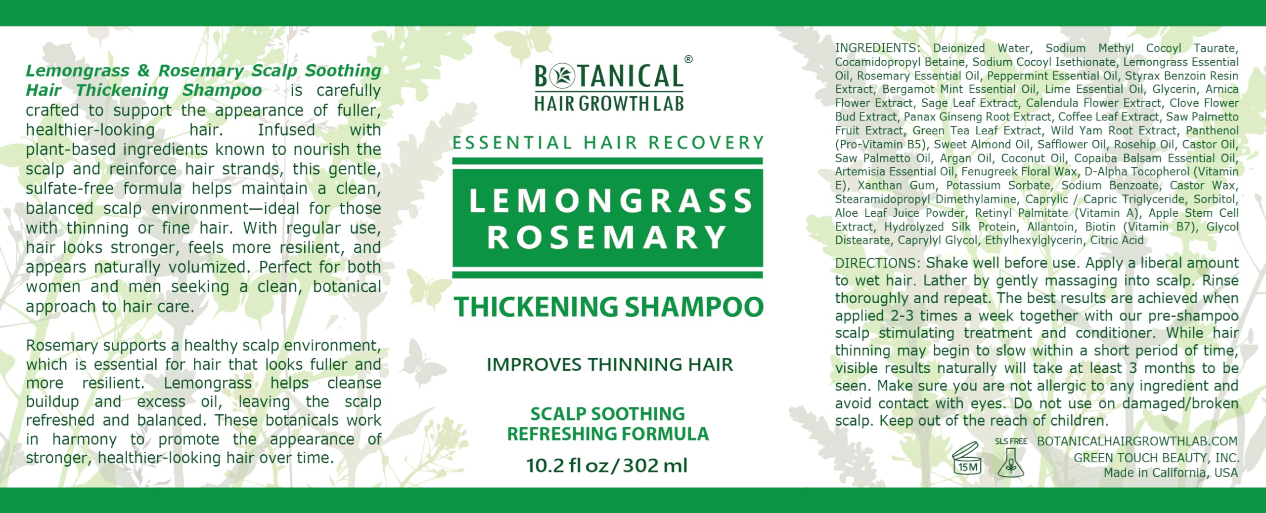 California-made BOTANICAL HAIR GROWTH LAB shampoo packaging in view.