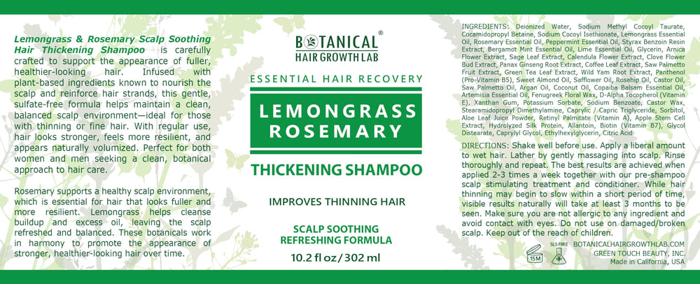 California-made BOTANICAL HAIR GROWTH LAB shampoo packaging in view.