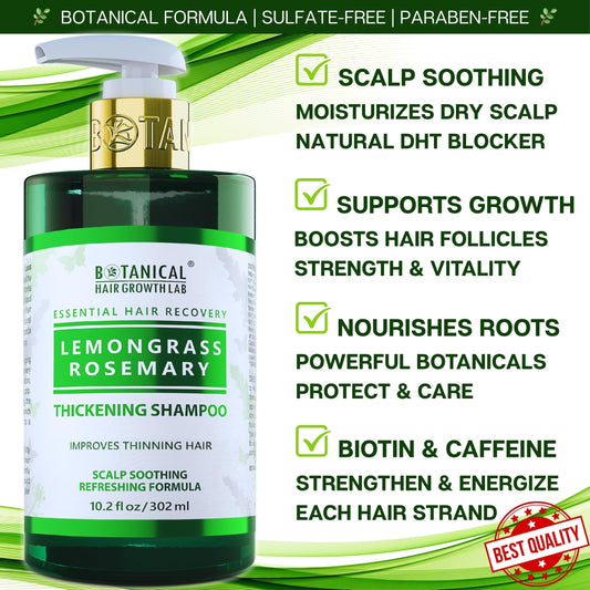 Close-up of rosemary and lemongrass oils from BOTANICAL HAIR GROWTH LAB shampoo.