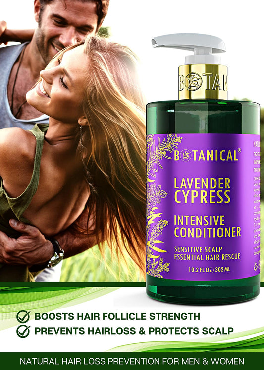 Botanical Hair Growth Lab lavender conditioner close-up on bottle cap for sensitive scalp care.