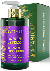 Botanical Hair Growth Lab lavender conditioner bottle pour for soothing scalp nourishment.
