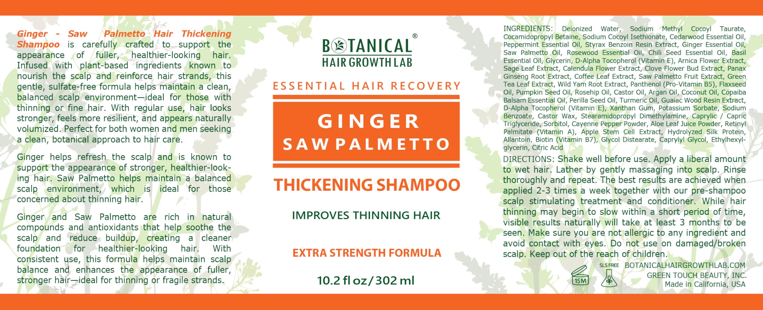 botanical hair growth lab bottle with ingredients list highlighting clean botanicals.