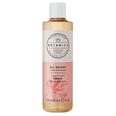 Botanics All Bright Cleansing Toner label closeup highlighting hibiscus AHAs for gentle exfoliation