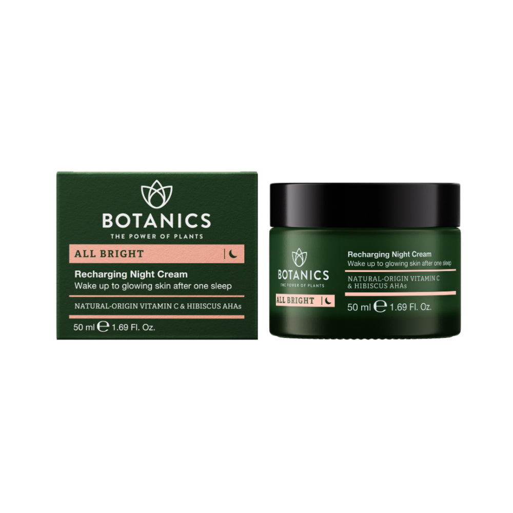 Botanics All Bright night cream jar close-up, highlighting a rich, smoothing texture.