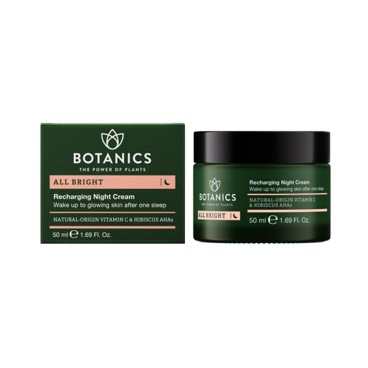 Botanics All Bright night cream jar close-up, highlighting a rich, smoothing texture.