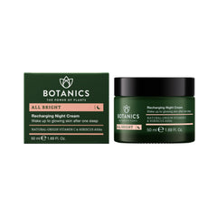 Botanics All Bright night cream jar close-up, highlighting a rich, smoothing texture.