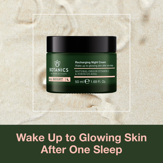 Botanics All Bright night cream being applied for hydration and glow.