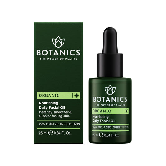 Botanics facial oil for men bottle close-up showing lightweight hydration