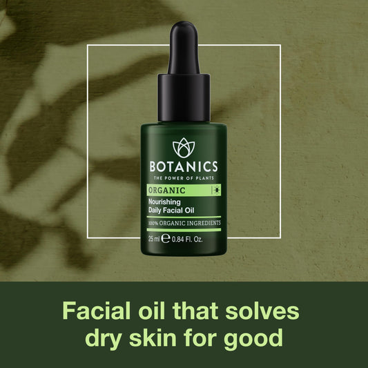 Botanics facial oil for men drops illustrating argan and rosehip oils for quick absorption