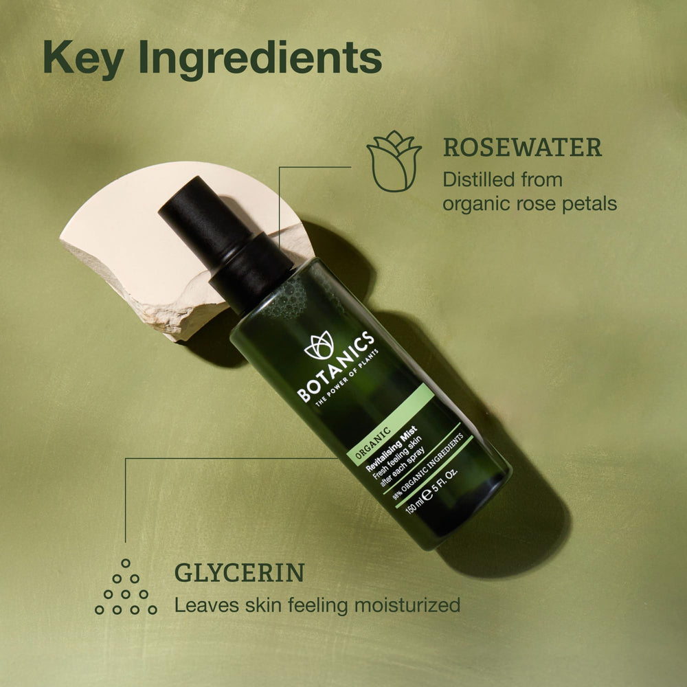 Botanics Hydrating Face Mist packaging on shelf emphasizes organic ingredients.
