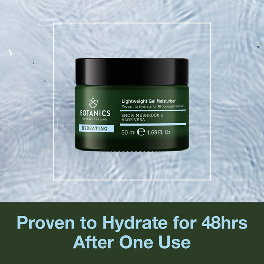 Botanics hydrating gel texture close-up demonstrates cooling, non-greasy daily moisturizer