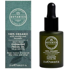 Botanics Organic Restoring Overnight Facial Oil bottle shows organic formula for hydration