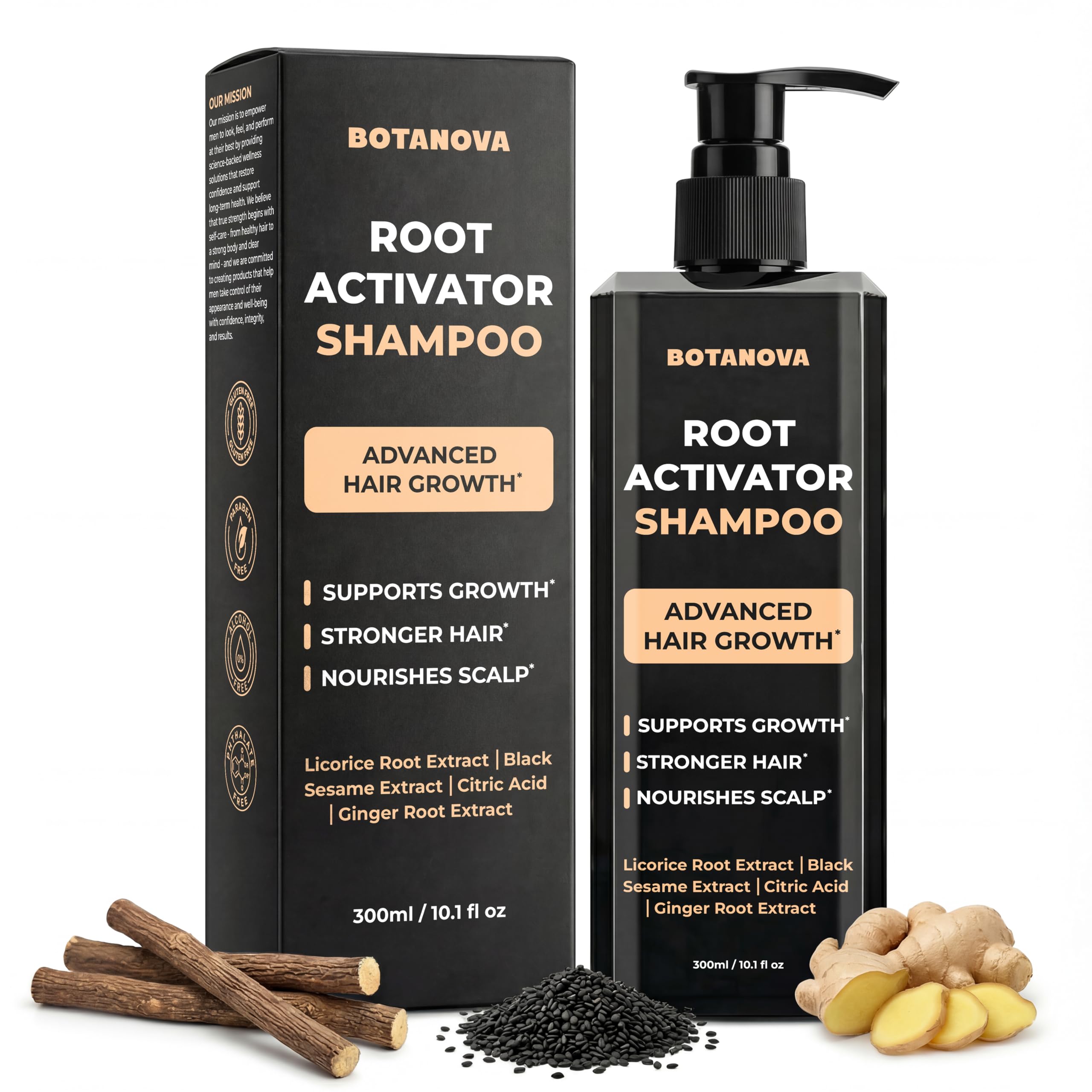 BOTANOVA Root Activator Shampoo bottle for daily scalp care and fullness potential.