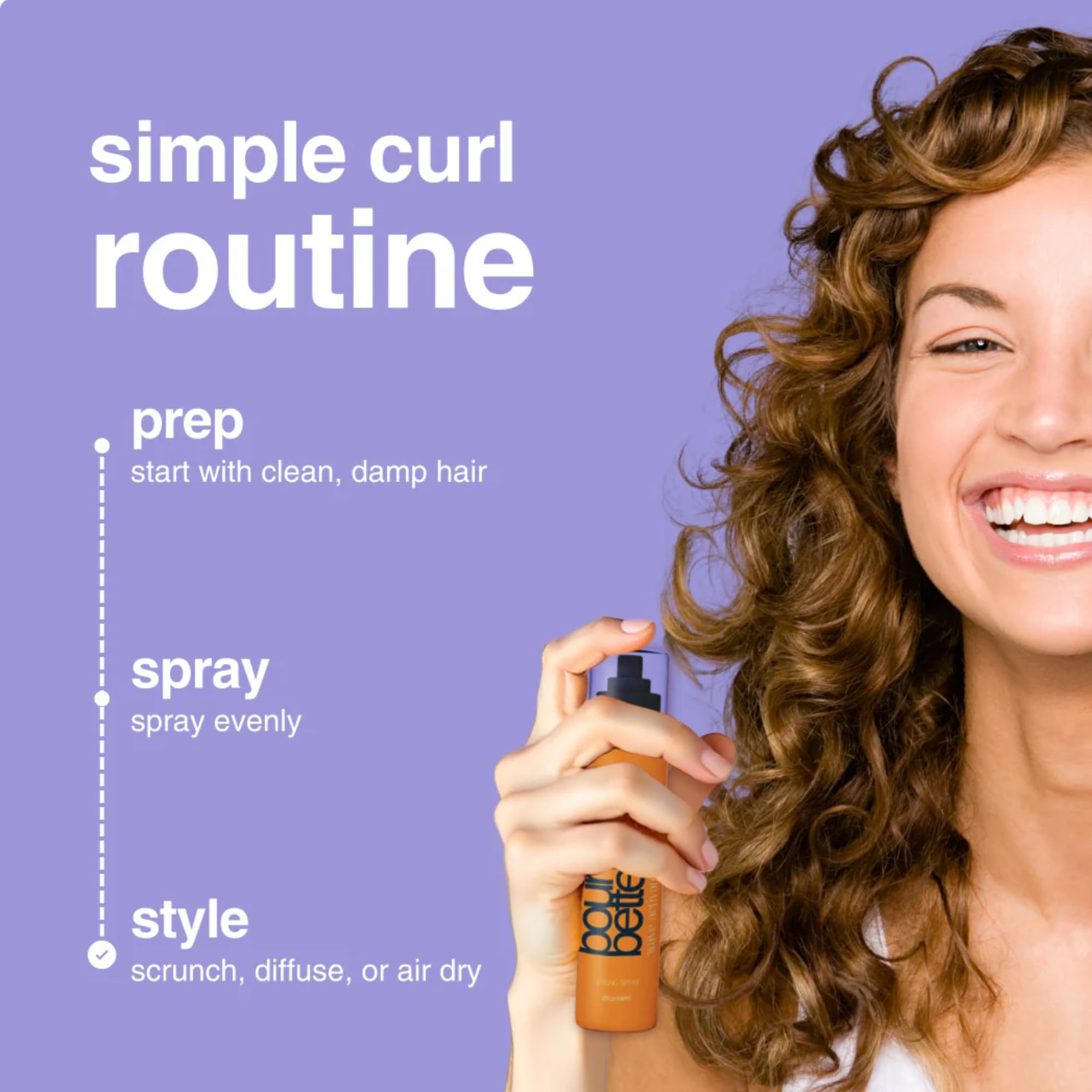 Bounce Style Leave-In Spray application close-up highlights detangling and curl definition.