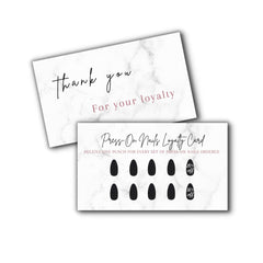 Boutique Marketing LLC press-on nail loyalty card in marble black design reinforces branding and rewards repeat clients
