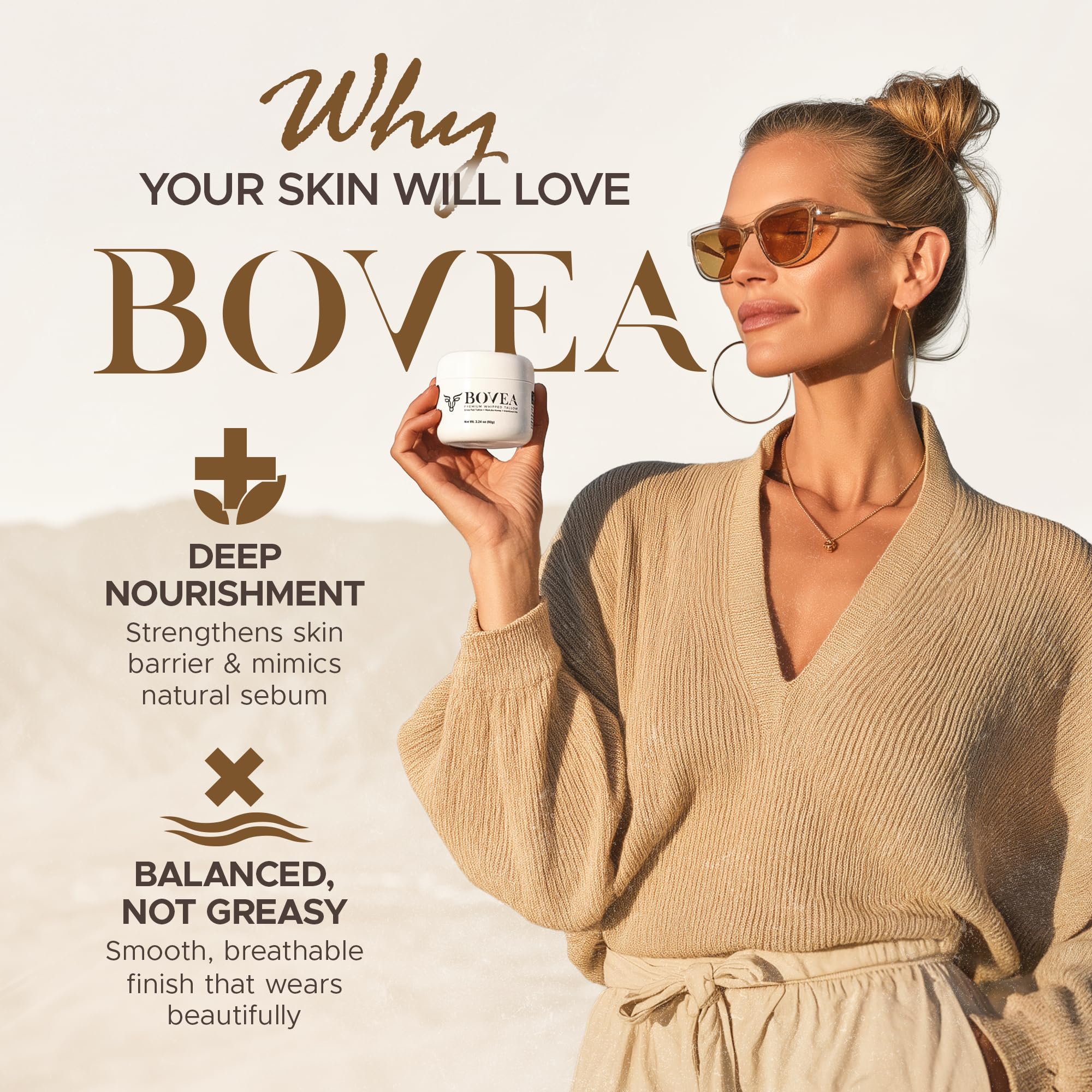 BOVEA balm jar in use for facial care application.