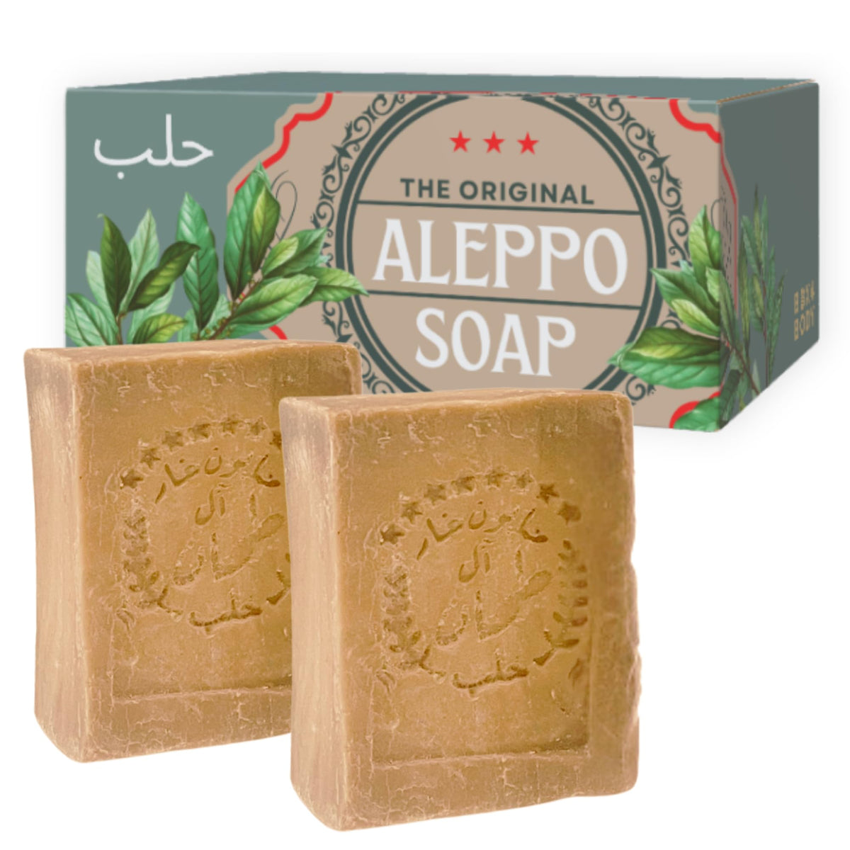 BOX 4 BODY Aleppo soap bar pack front view, gentle cleansing with olive and laurel oils
