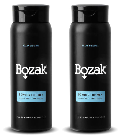Bozak cooling powder bottle shows talc-free formula for refreshing skin.