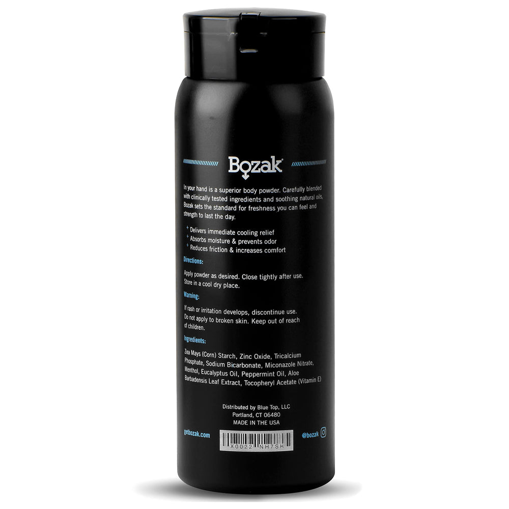 Bozak menthol application powder cools skin for a brisk, comfortable feel.