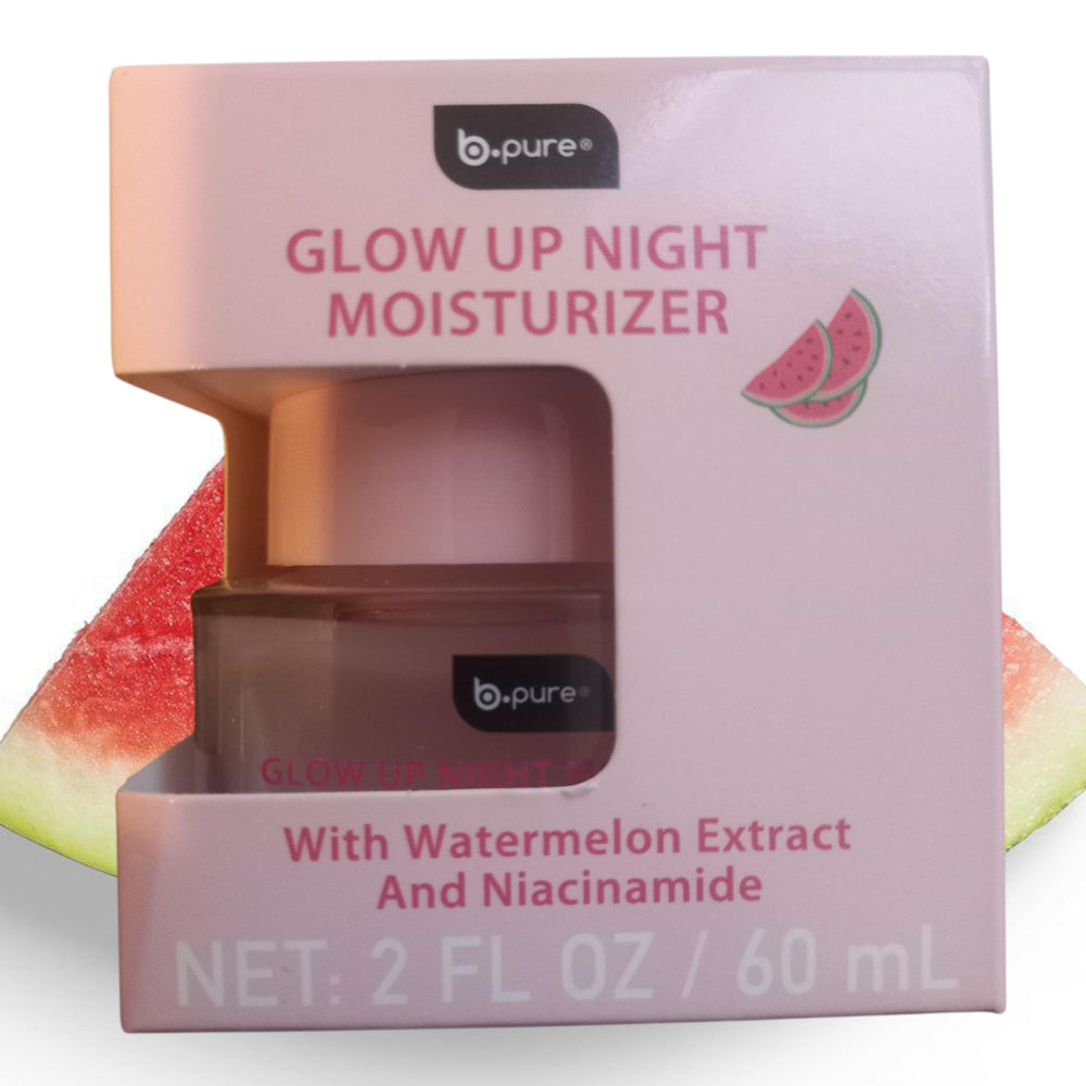 BPure Glow Up Night Moisturizer bottle with watermelon extract for overnight hydration