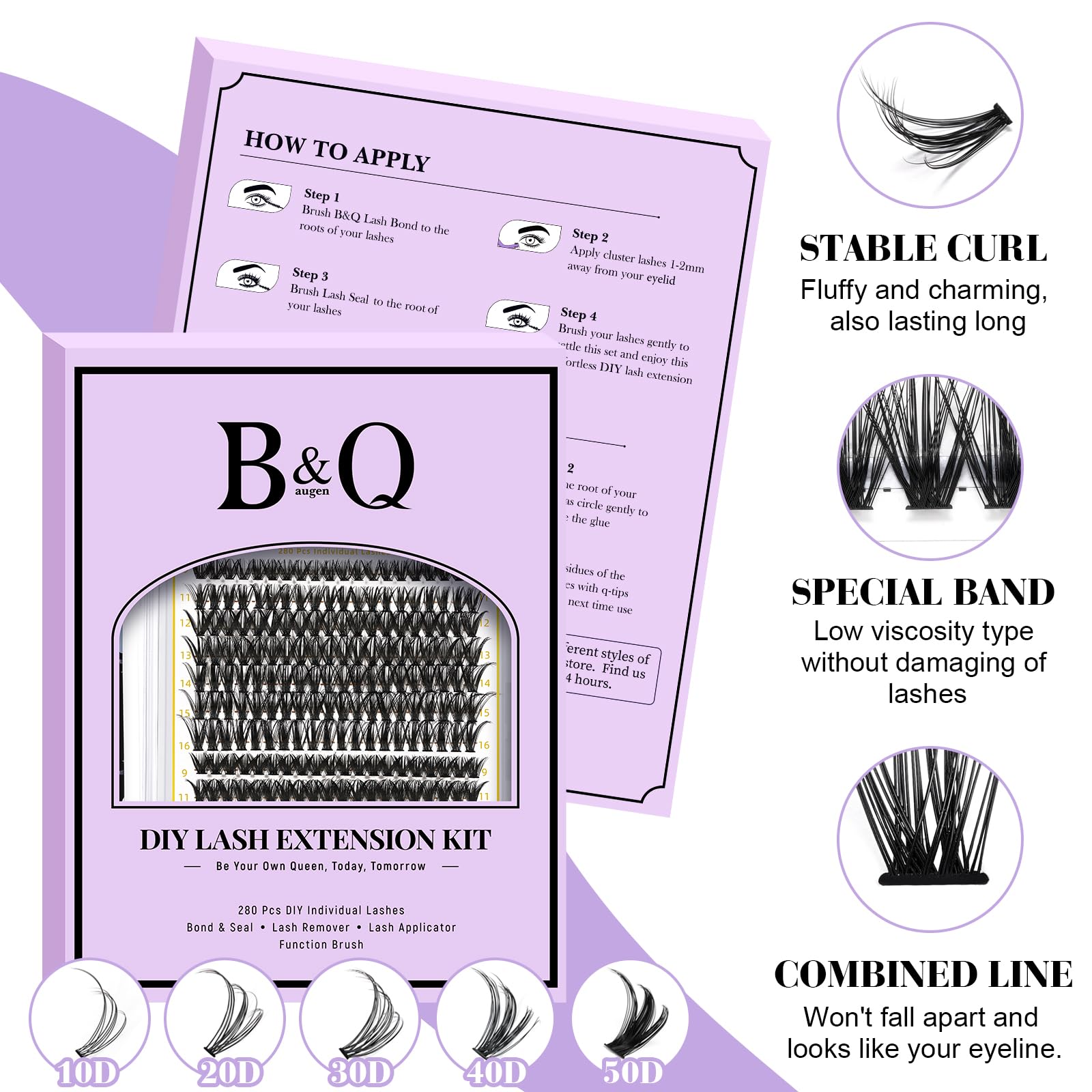 BQaugen lash clusters kit close-up shows realistic, knot-free lashes.
