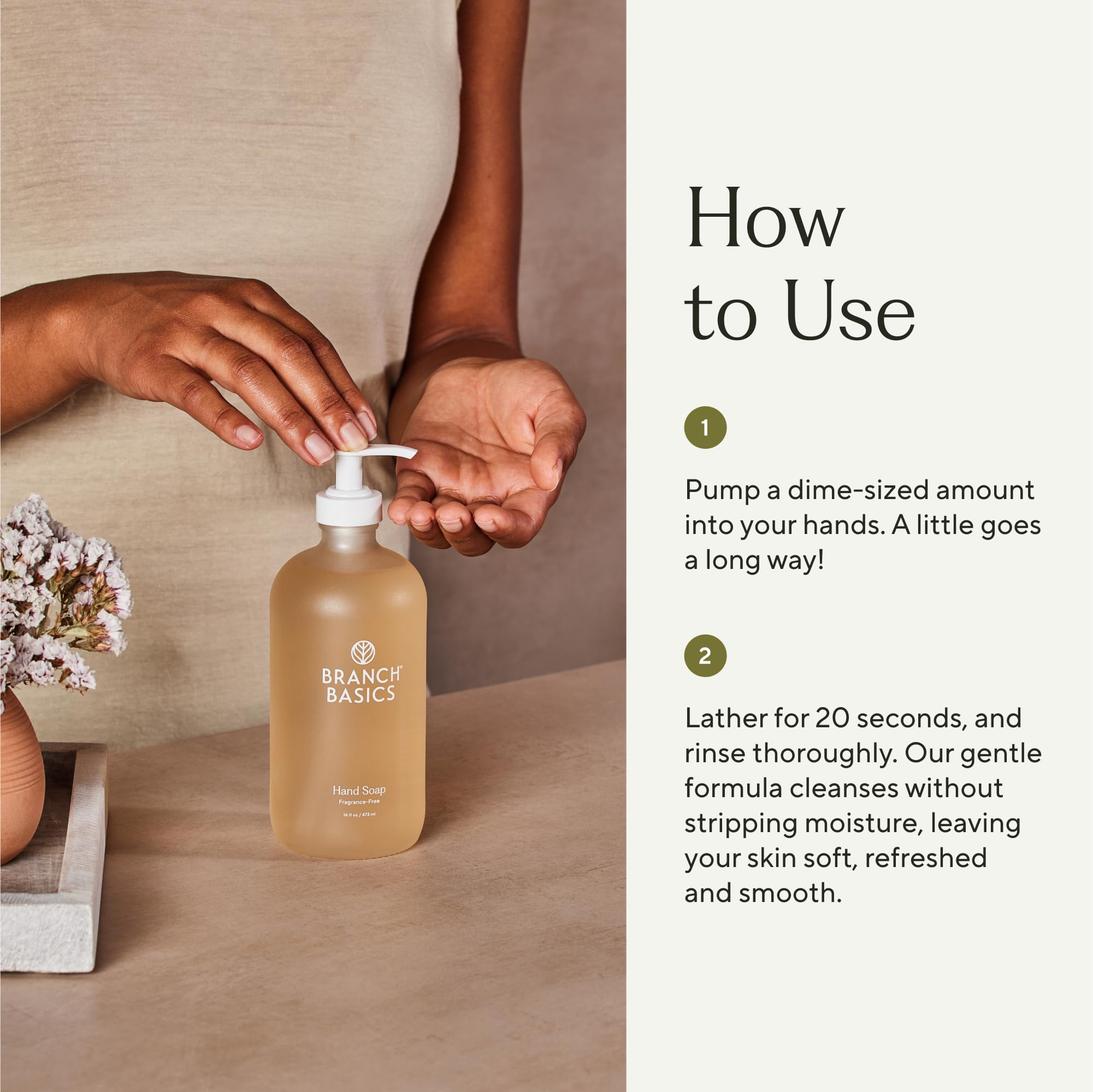 Branch Basics Gel Hand Soap glass bottle — BPA-free, stylish, reusable packaging supports sustainable routines.