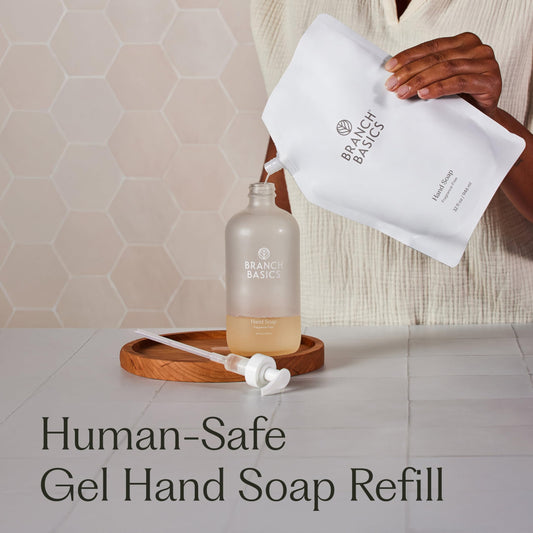 Branch Basics Gel Hand Soap bottle with pump, close-up showing gentle, fragrance-free formula.