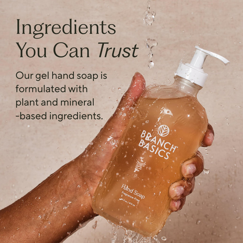 Branch Basics Gel Hand Soap fragrance-free label — fragrance-free, hormone-safe formula for family use.
