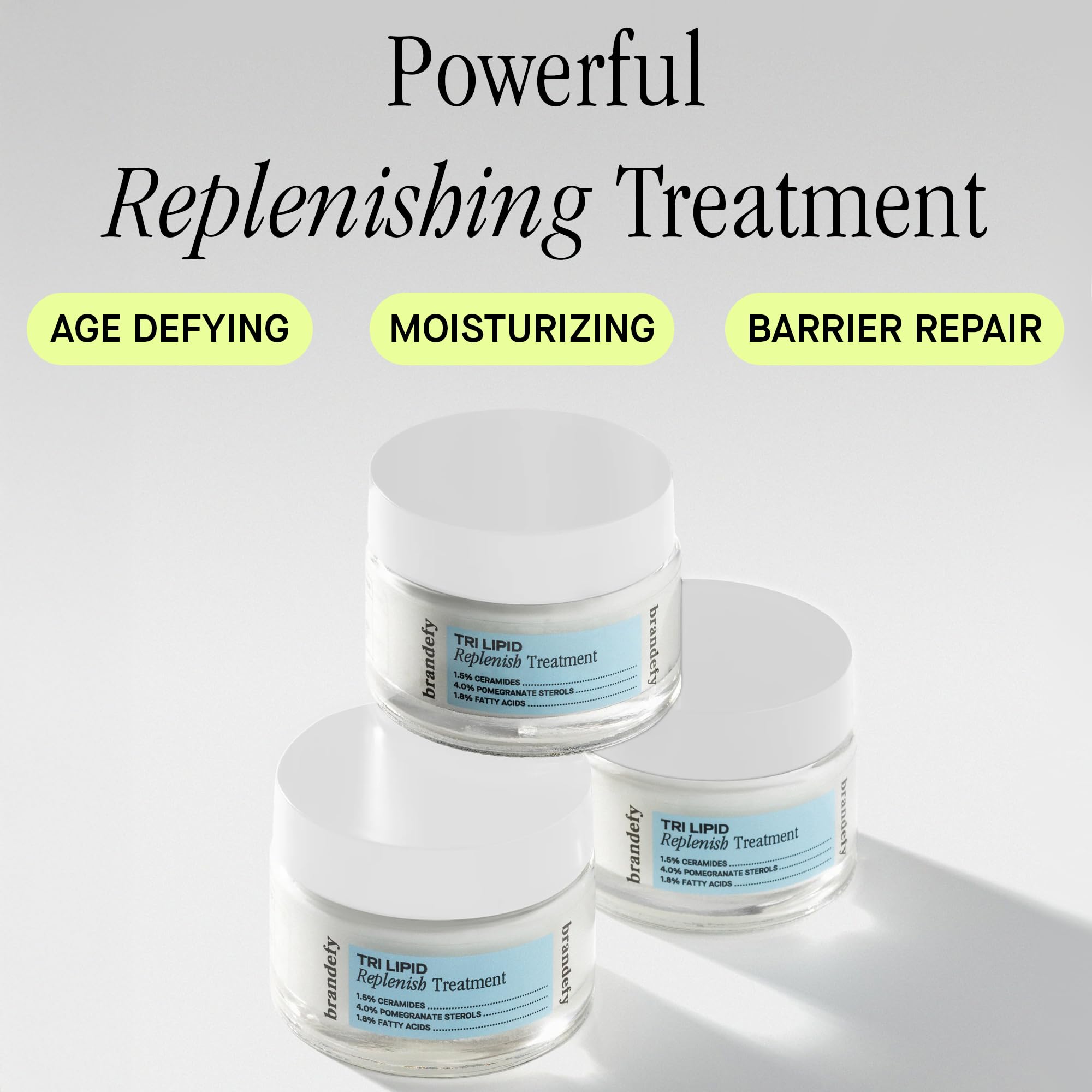 Brandefy Tri Lipid Ceramide Cream jar showcasing rich texture for nightly hydration.