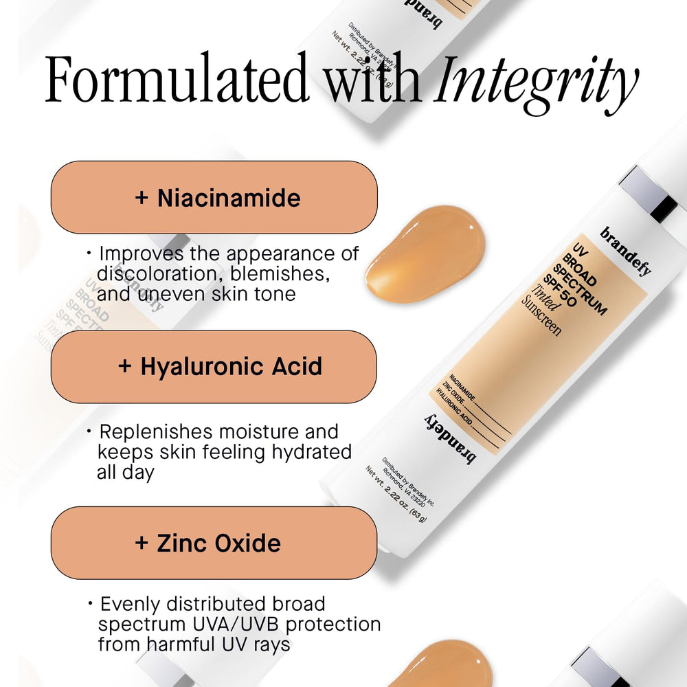 Brandefy UV tinted SPF 50 sheer color wash blends naturally into skin.