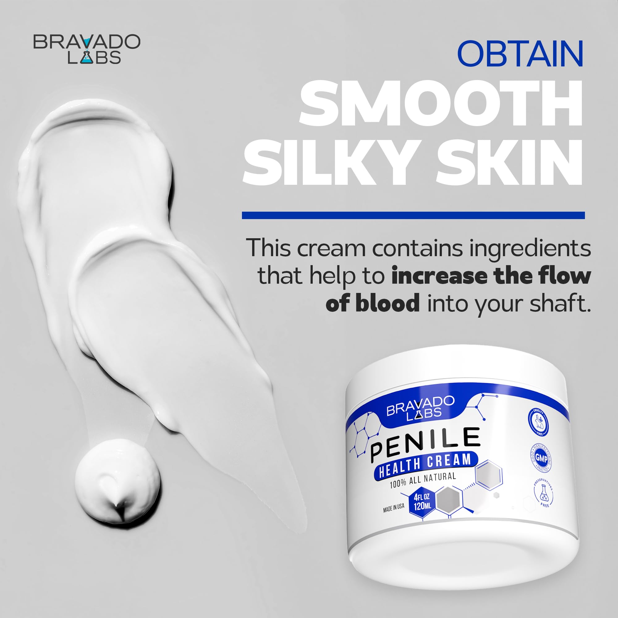Bravado Labs premium penile health creme texture close-up highlighting lightweight hydration