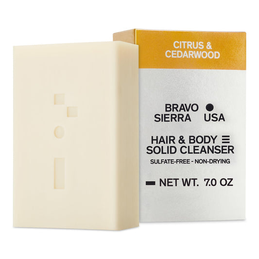 Bravo Sierra all-in-one shampoo bar Citrus Cedarwood cleanses skin and hair with a refreshing scent.