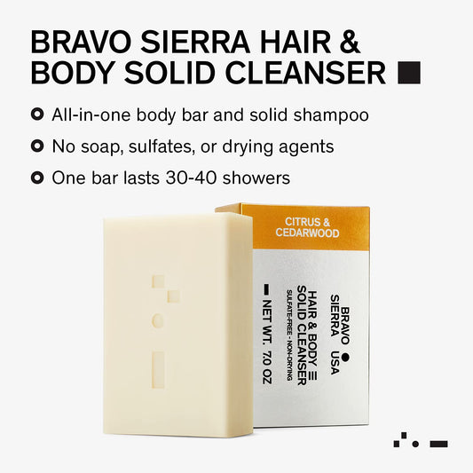 Bravo Sierra bar lather Citrus Cedarwood for hair and body care.