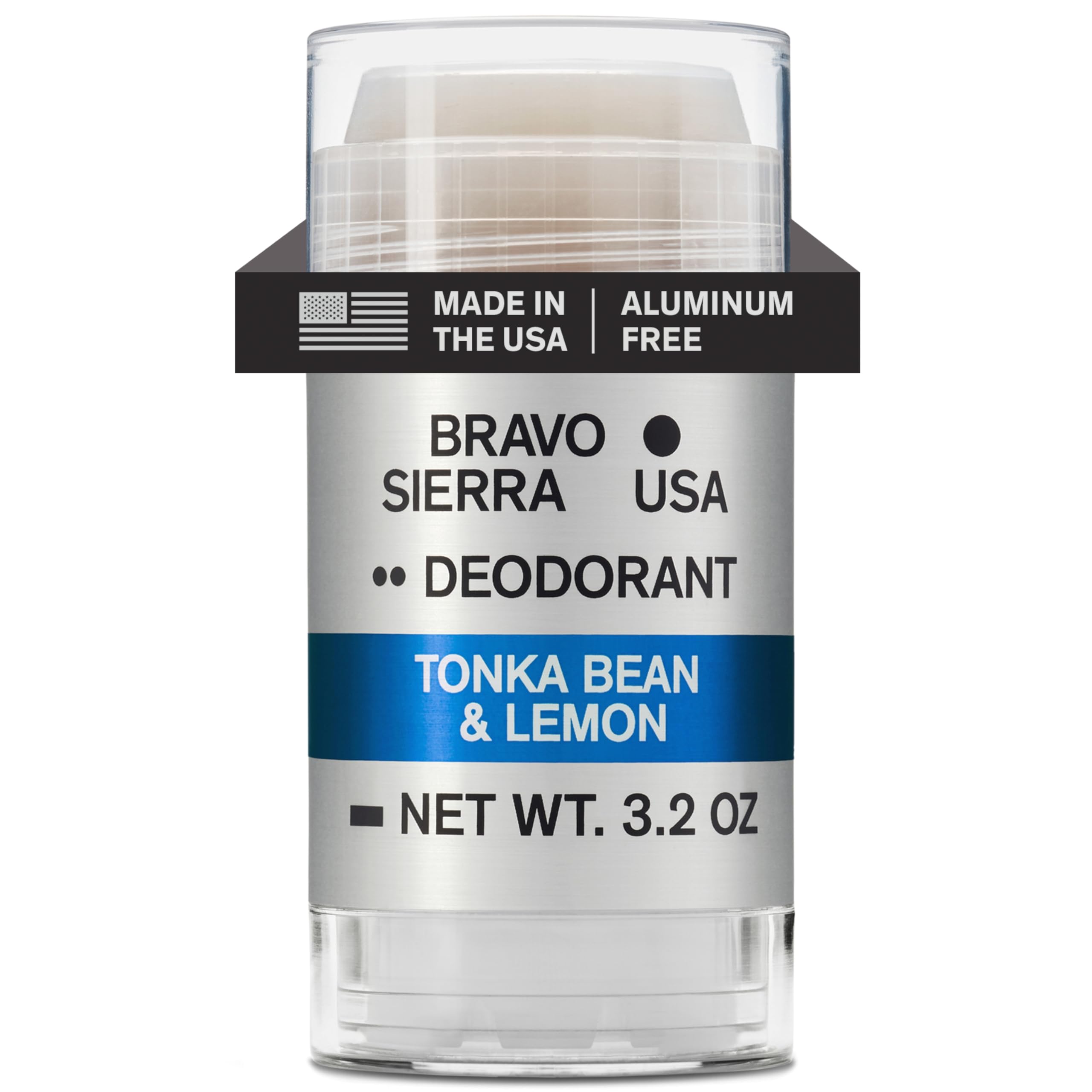 Bravo Sierra aluminum-free deodorant bottle with tonka bean and lemon scent for long-lasting protection.