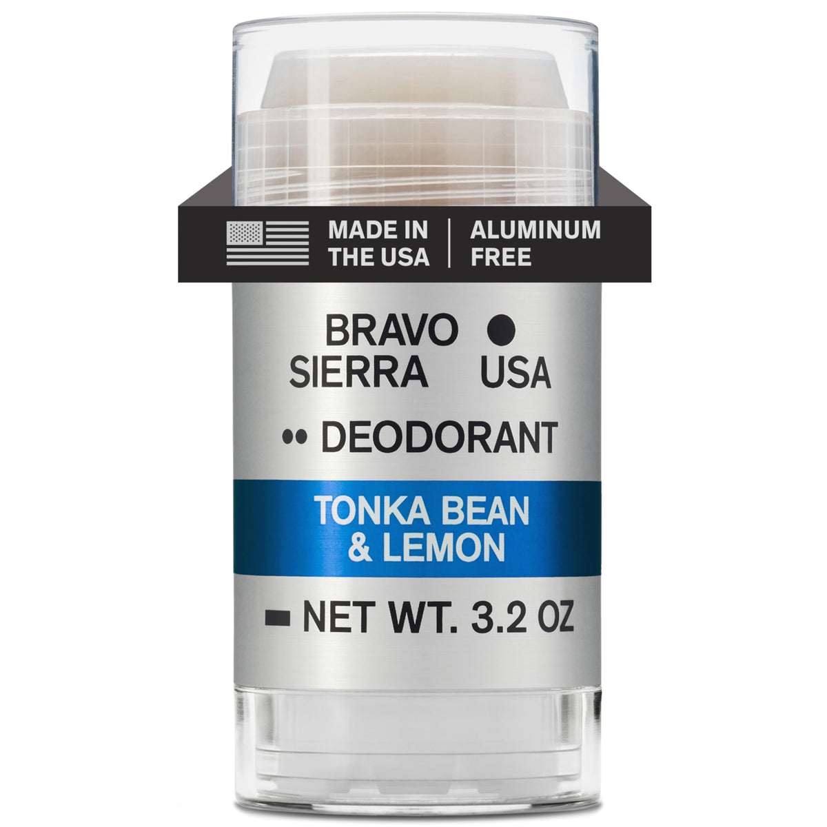 Bravo Sierra aluminum-free deodorant bottle with tonka bean and lemon scent for long-lasting protection.