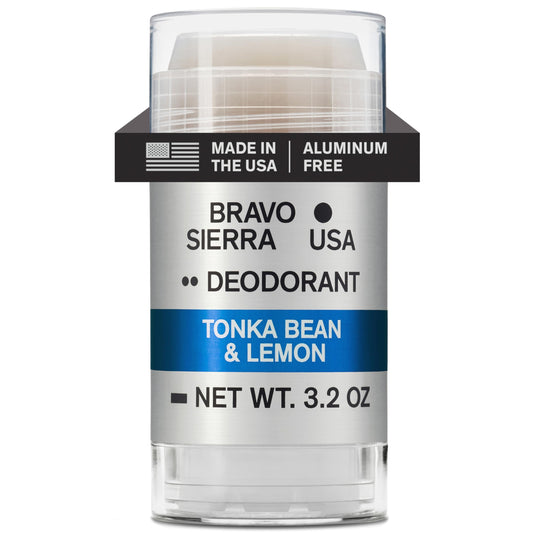Bravo Sierra aluminum-free deodorant bottle with tonka bean and lemon scent for long-lasting protection.