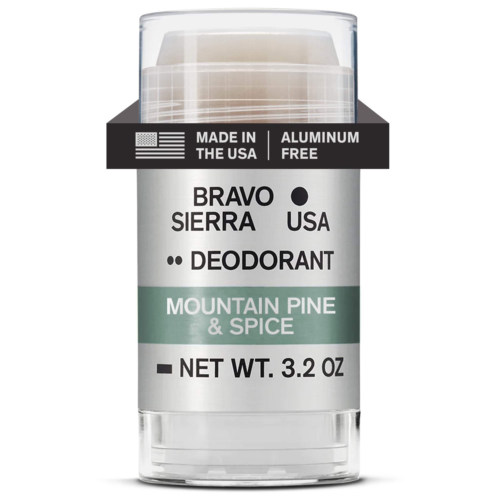 Bravo Sierra Mountain Pine and Spice deodorant bottle shows a clear finish for all-day freshness.